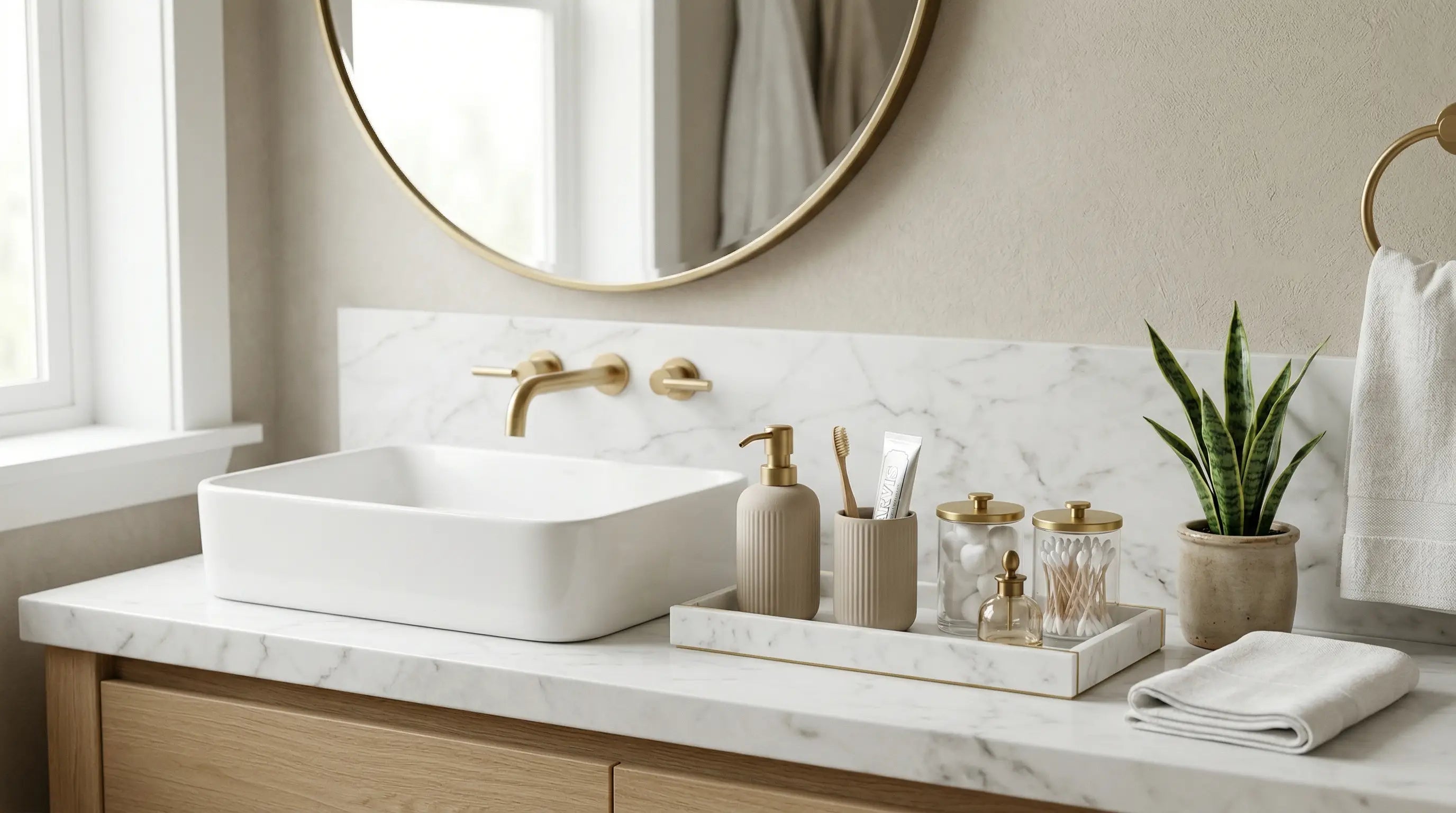 A modern bathroom vanity countertop styled with premium accessories including a marble vanity tray, ceramic soap dispenser, toothbrush holder, glass canisters, and a small plant, arranged neatly around a sink with a mirror above.