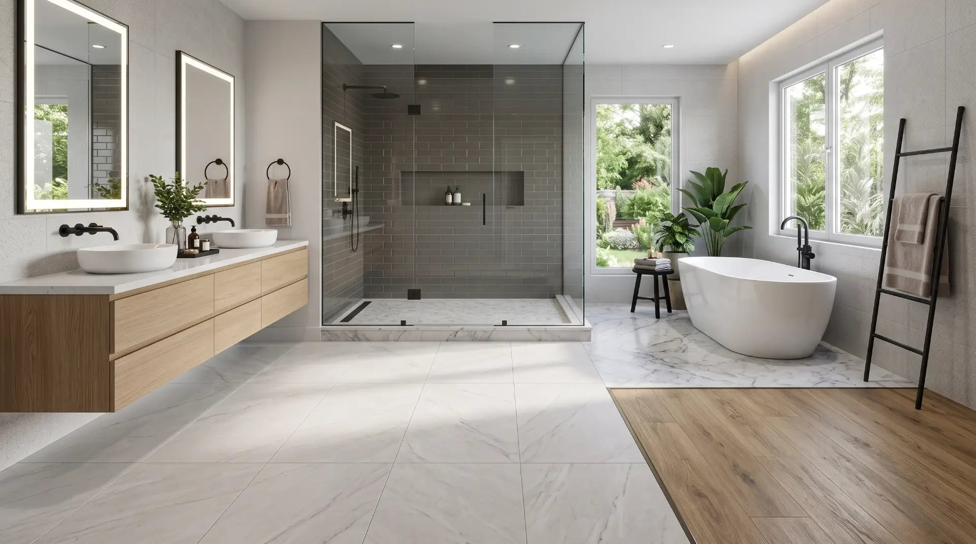 Luxury modern bathroom featuring porcelain, ceramic, marble, and luxury vinyl flooring, illustrating the best bathroom flooring materials for durability, waterproofing, and style in 2026.