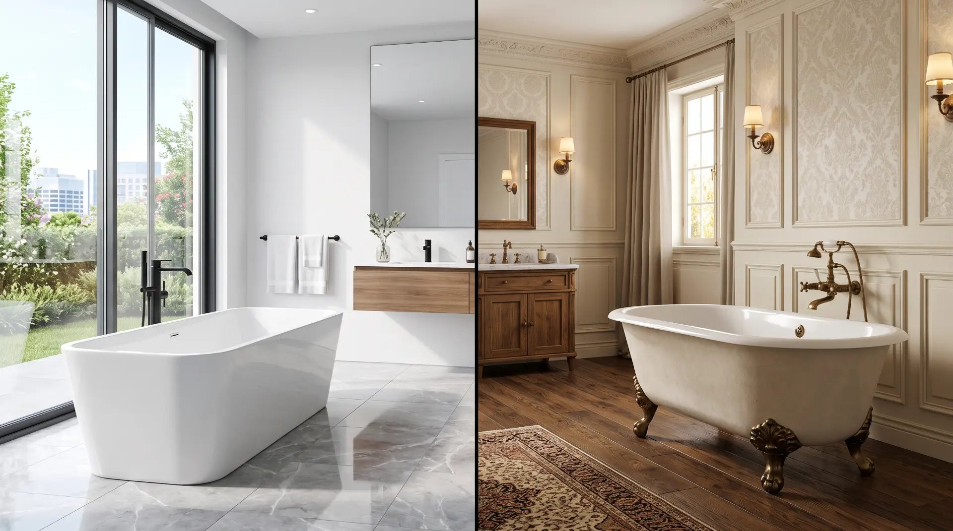 Side-by-side comparison of a modern acrylic freestanding bathtub and a classic cast iron clawfoot bathtub in luxury bathrooms, highlighting differences in style, durability, and design.