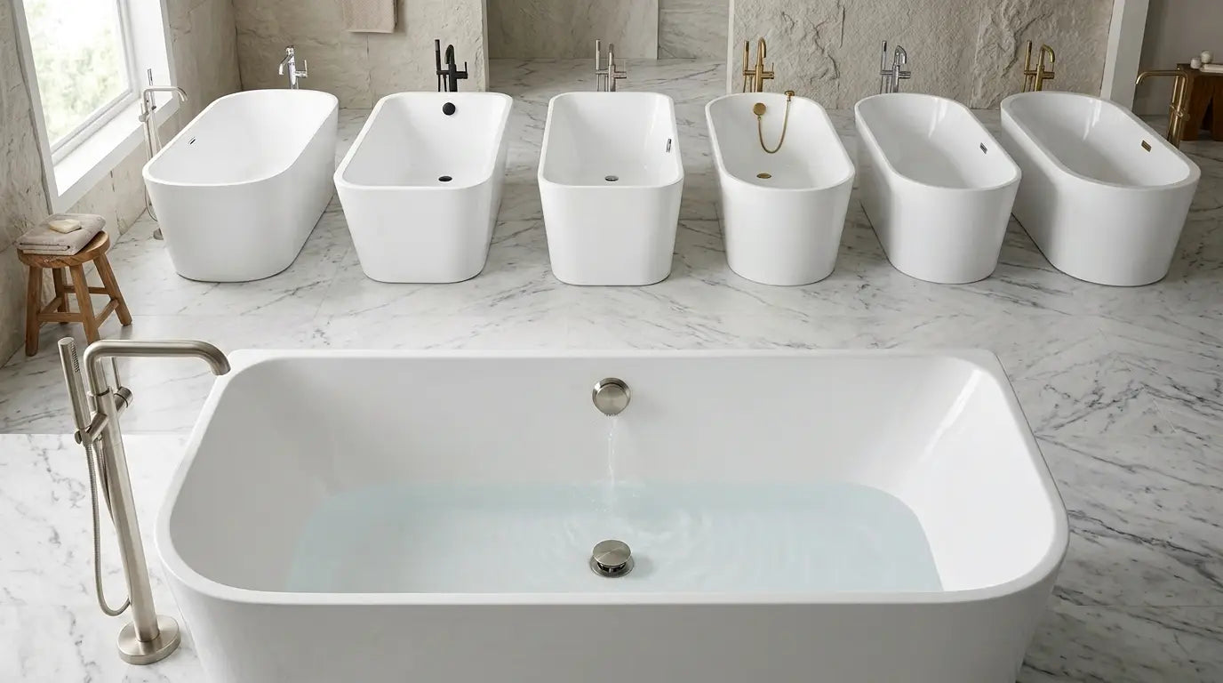 Comparison of six bathtub drain stopper types in a luxury bathroom, including lift-and-turn, push-pull, toe-touch, trip-lever, pop-up, and flip-it bathtub drains.