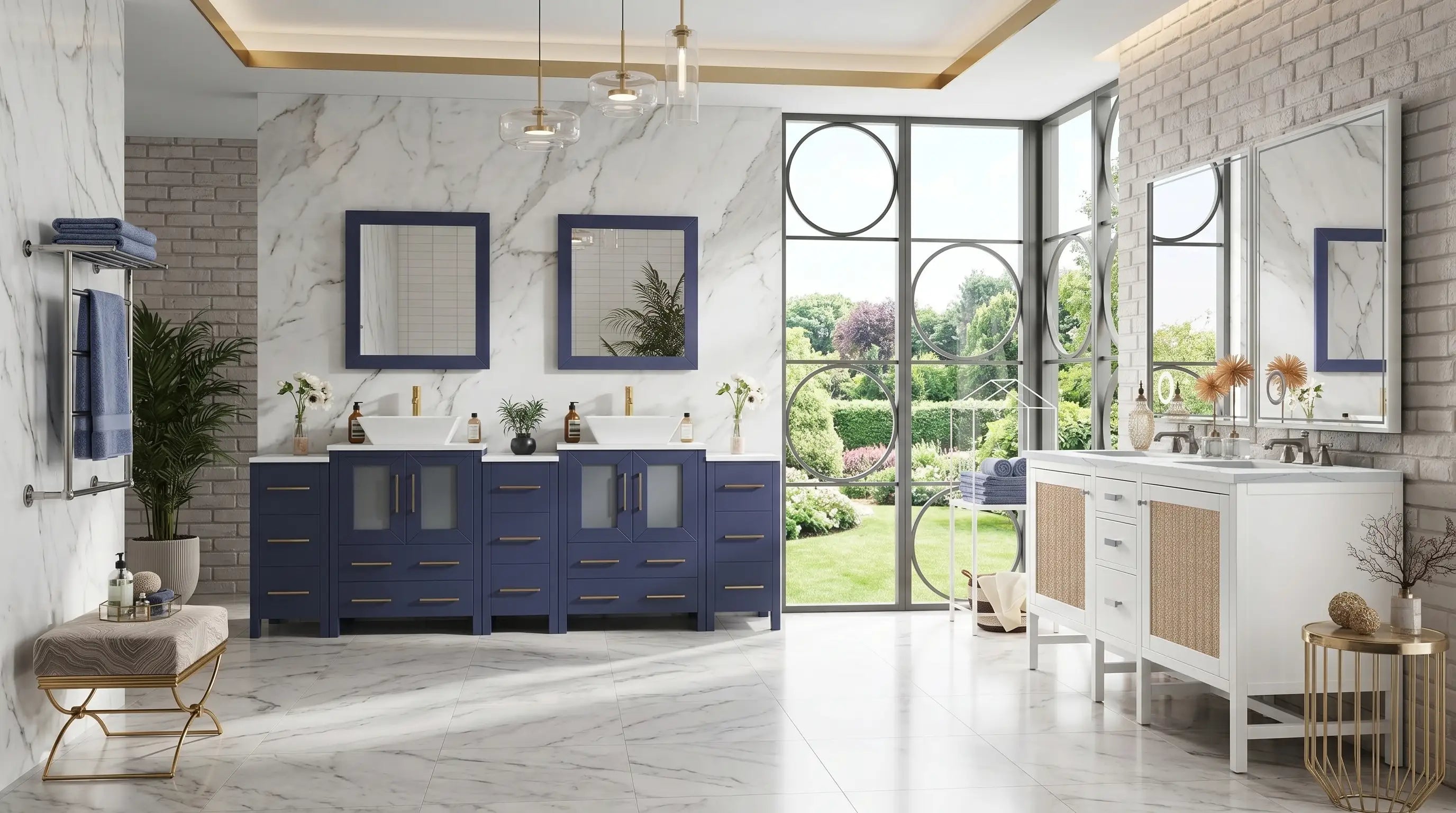 A luxury master bathroom featuring a large double sink vanity with two mirrors, wide countertop space, modern lighting, clean organized setup