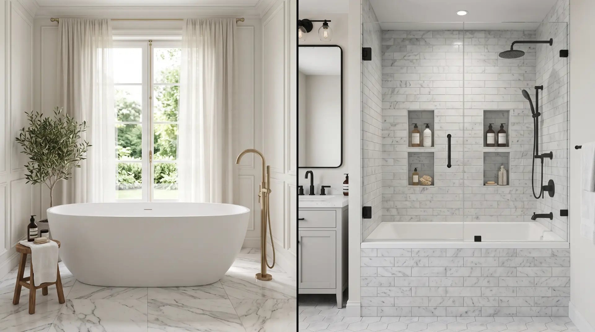Side-by-side comparison of a luxury freestanding bathtub and a built-in alcove bathtub in modern bathrooms, illustrating the differences in style, space, and functionality.