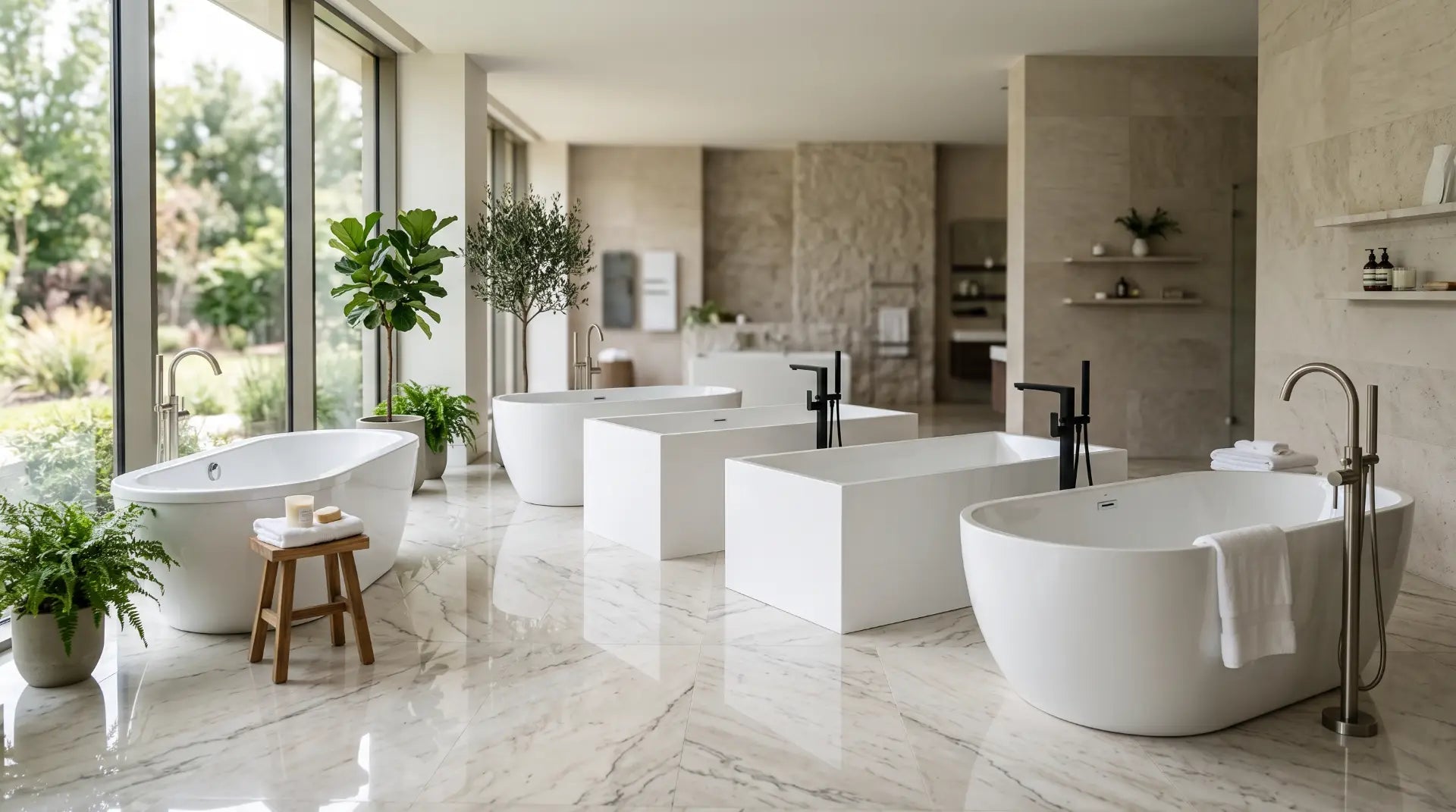 Five modern acrylic freestanding bathtubs in different sizes and styles displayed in a luxury bathroom showroom, highlighting the best freestanding bathtubs of 2026.