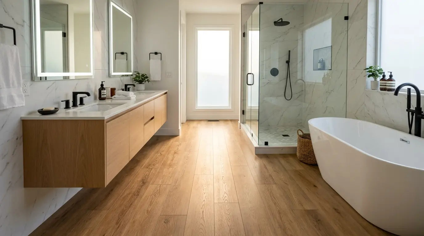 Luxury modern bathroom with waterproof wood-look rigid-core vinyl plank flooring, floating vanity, and walk-in shower, demonstrating the durability and style of LVP bathroom flooring.
