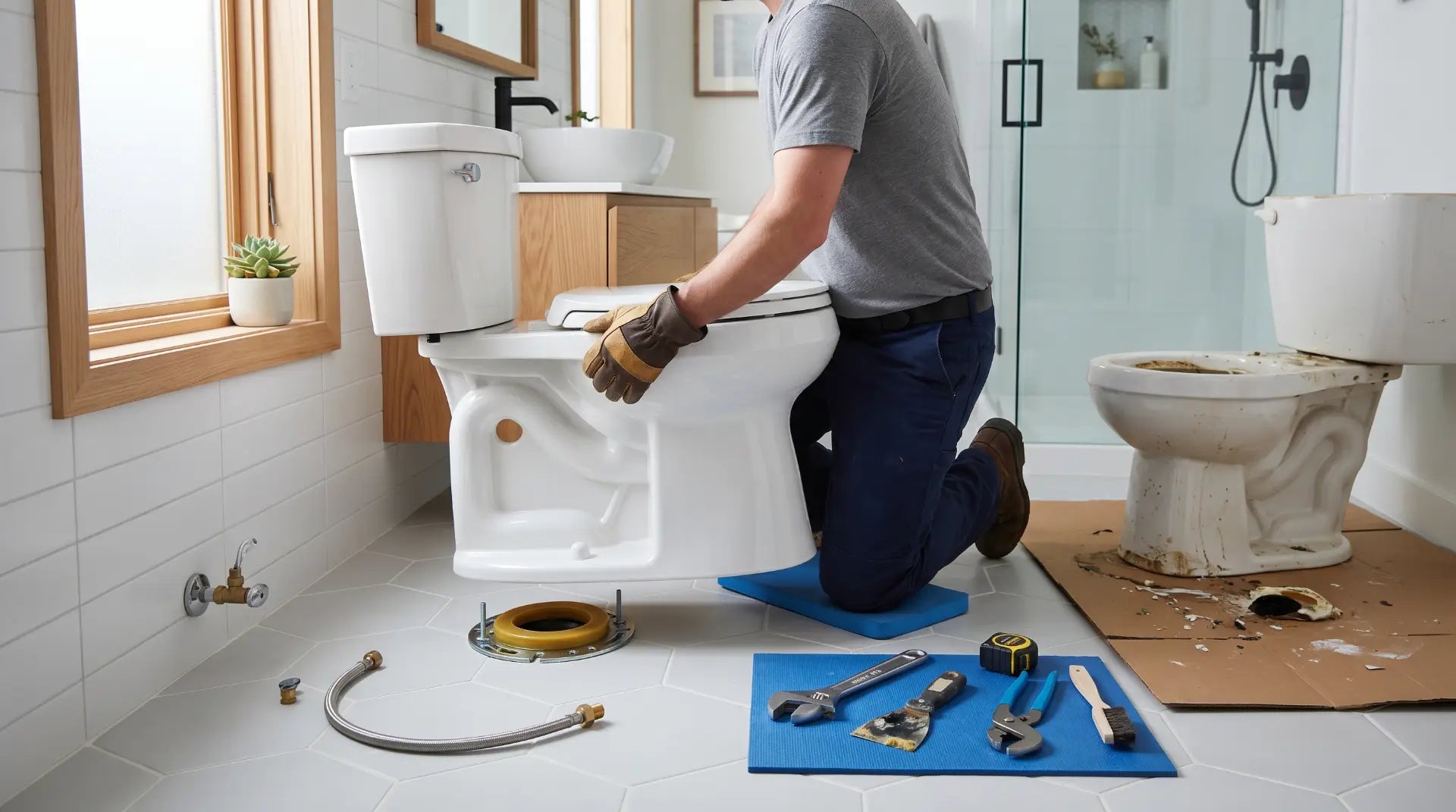 Professional bathroom renovation scene showing a homeowner installing a modern white toilet in a bright contemporary bathroom, old toilet removed and placed on protective cardboard nearby
