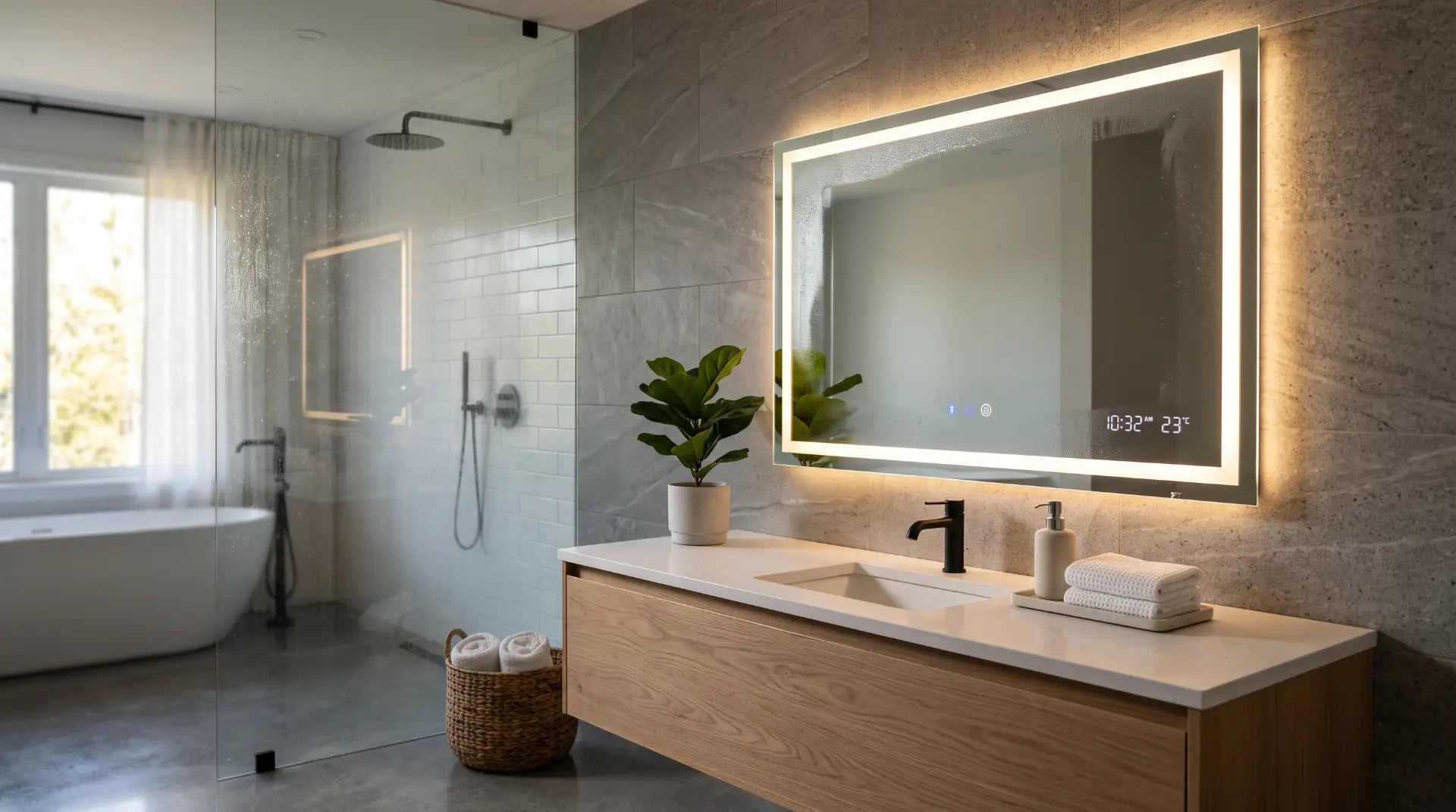 Luxury smart LED bathroom mirror with Bluetooth, touch controls, anti-fog technology, and digital display installed above a modern bathroom vanity.