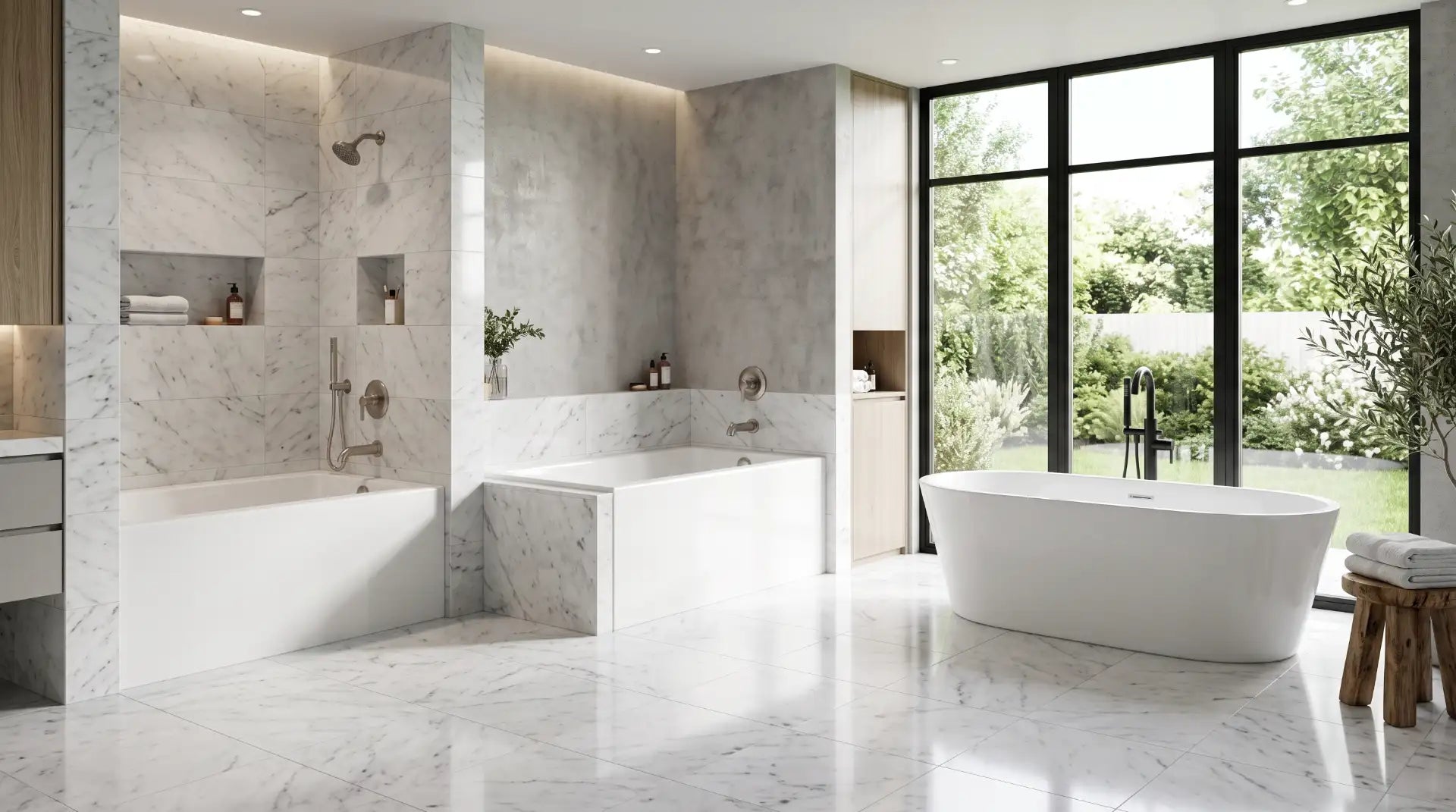 Comparison of compact, standard, and large freestanding bathtub sizes in a modern luxury bathroom, illustrating standard bathtub dimensions and sizing options for homeowners.