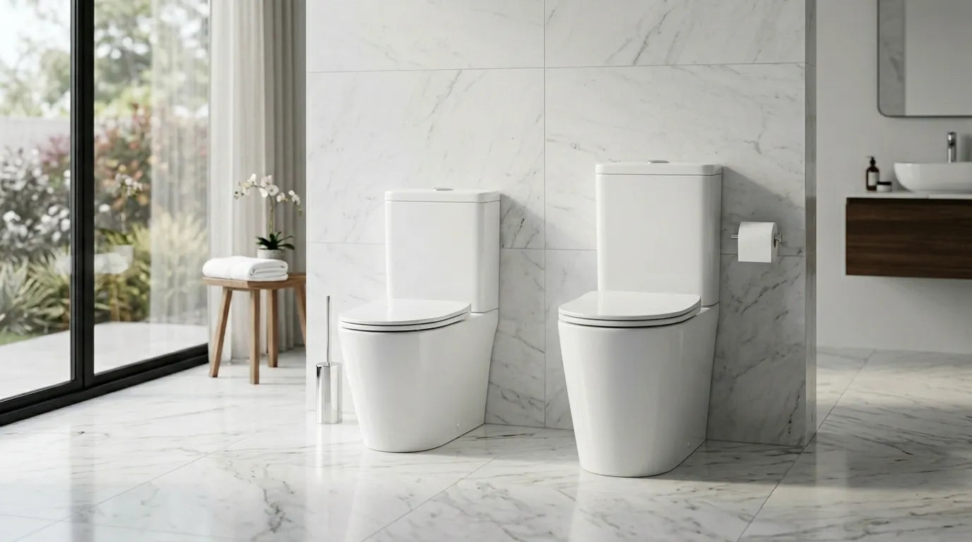 Luxury modern bathroom featuring two premium white toilets side by side for comparison, one comfort height toilet and one standard height toilet