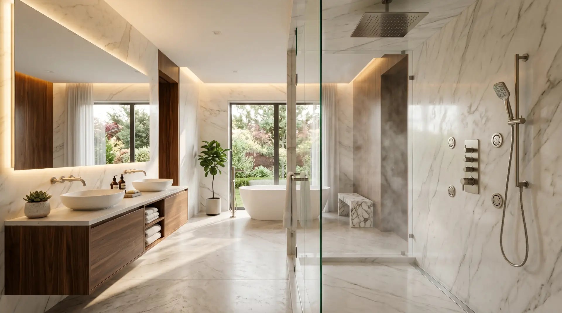 Modern luxury bathroom featuring a thermostatic shower system with rainfall shower head, handheld shower, body jets, and frameless glass enclosure.