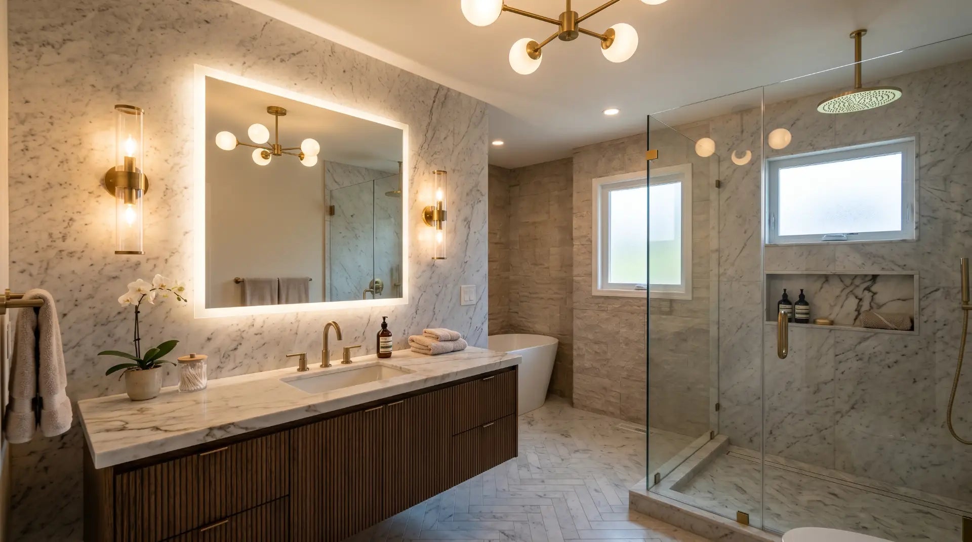 Modern bathroom featuring wall sconces, ceiling lighting, and an LED mirror with layered illumination design.