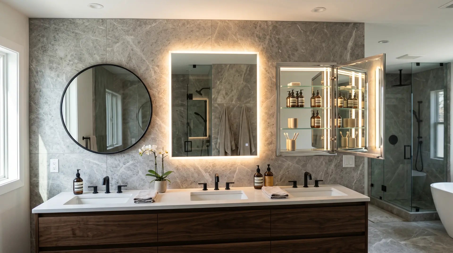 Modern luxury bathroom featuring LED mirrors, framed mirrors, and illuminated medicine cabinets as showcased in Bathify's complete bathroom mirror buying guide for 2026.