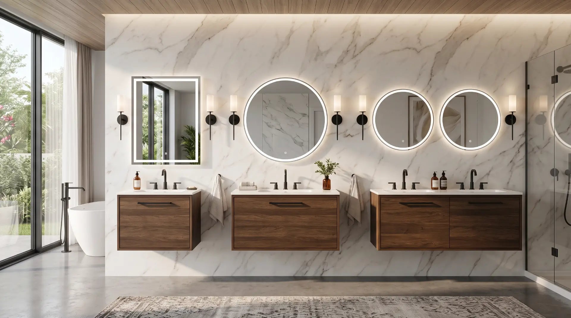 Luxury modern bathroom showing correctly sized mirrors above 30-inch, 48-inch, and 60-inch vanities to demonstrate ideal bathroom mirror sizing proportions.