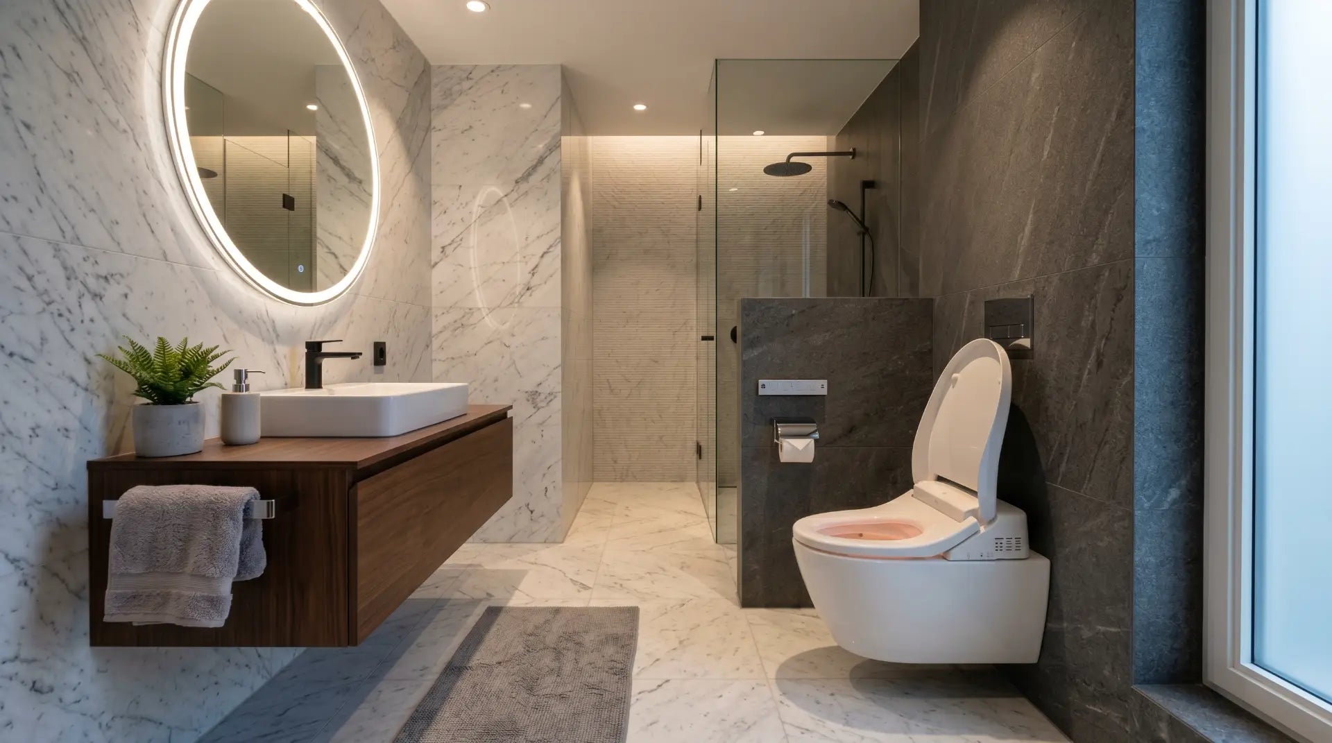 luxury modern bathroom featuring a premium electronic bidet toilet seat with sleek contemporary design