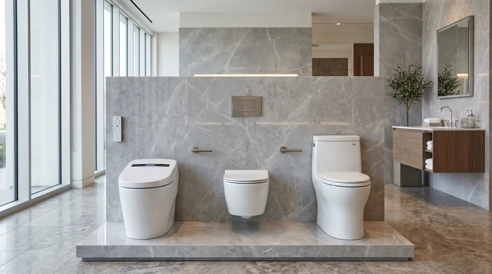 luxury modern bathroom interior featuring multiple toilet styles including a sleek 1-piece toilet, wall-mount toilet, and smart toilet with minimalist design