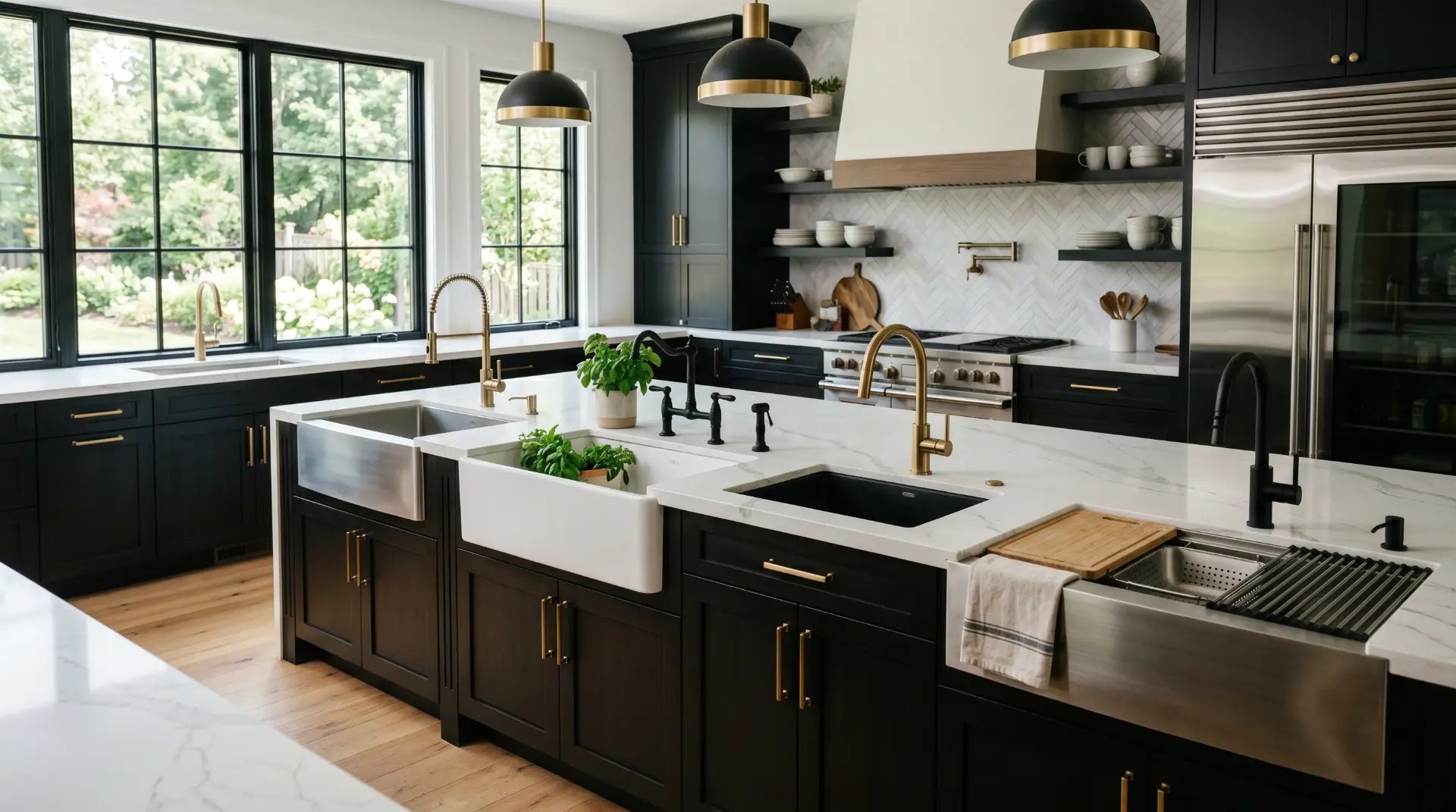 luxury modern kitchen featuring multiple premium kitchen sink styles including stainless steel undermount sink, white fireclay farmhouse sink, matte black granite composite sink, and workstation sink