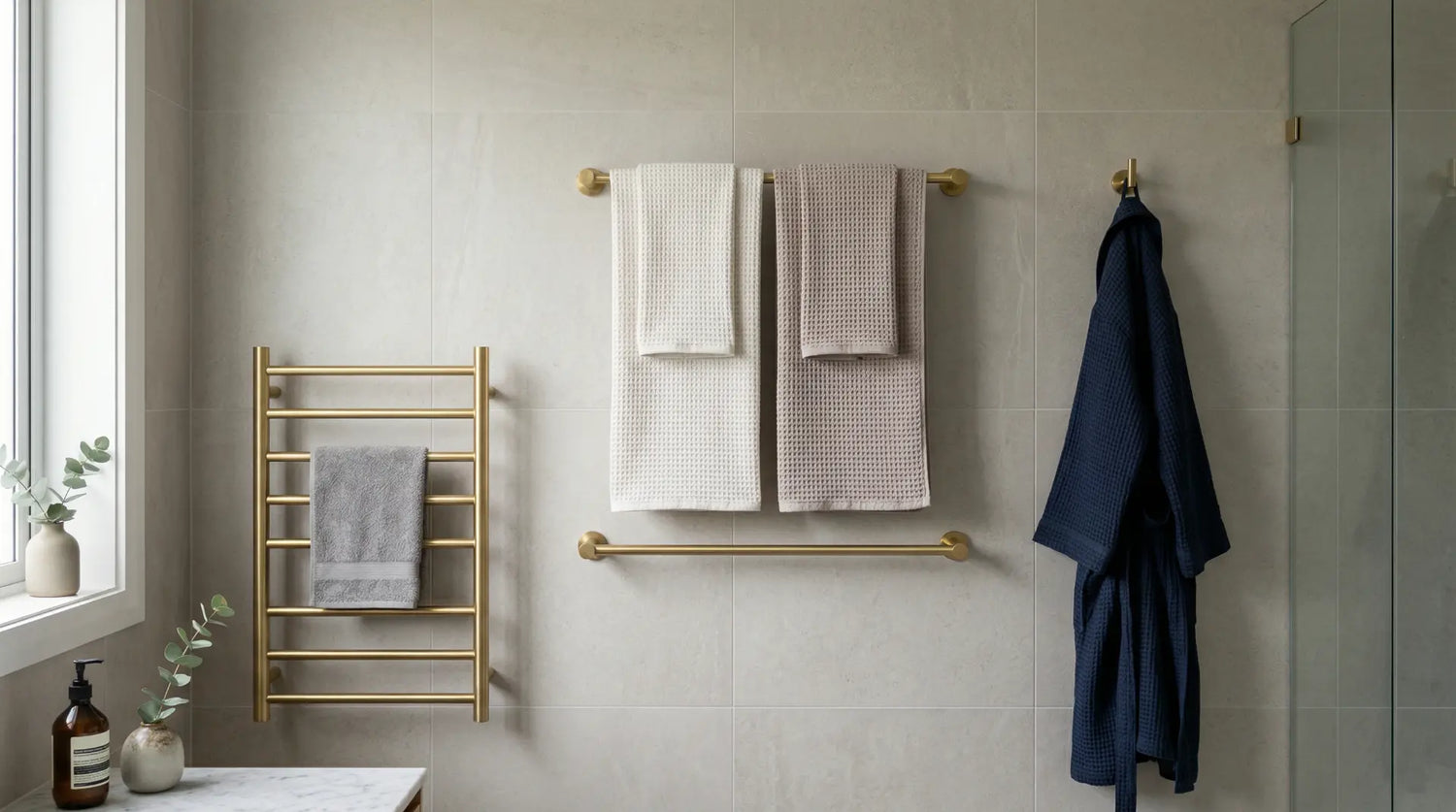 A modern bathroom wall with perfectly installed towel accessories including a towel bar with neatly folded towels, a robe hook with a hanging robe, and a heated towel rail