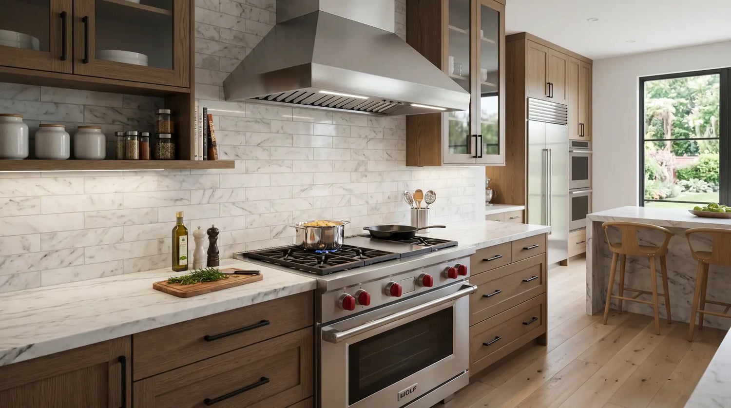 A modern high-end kitchen featuring a sleek stainless steel range hood above a cooking range