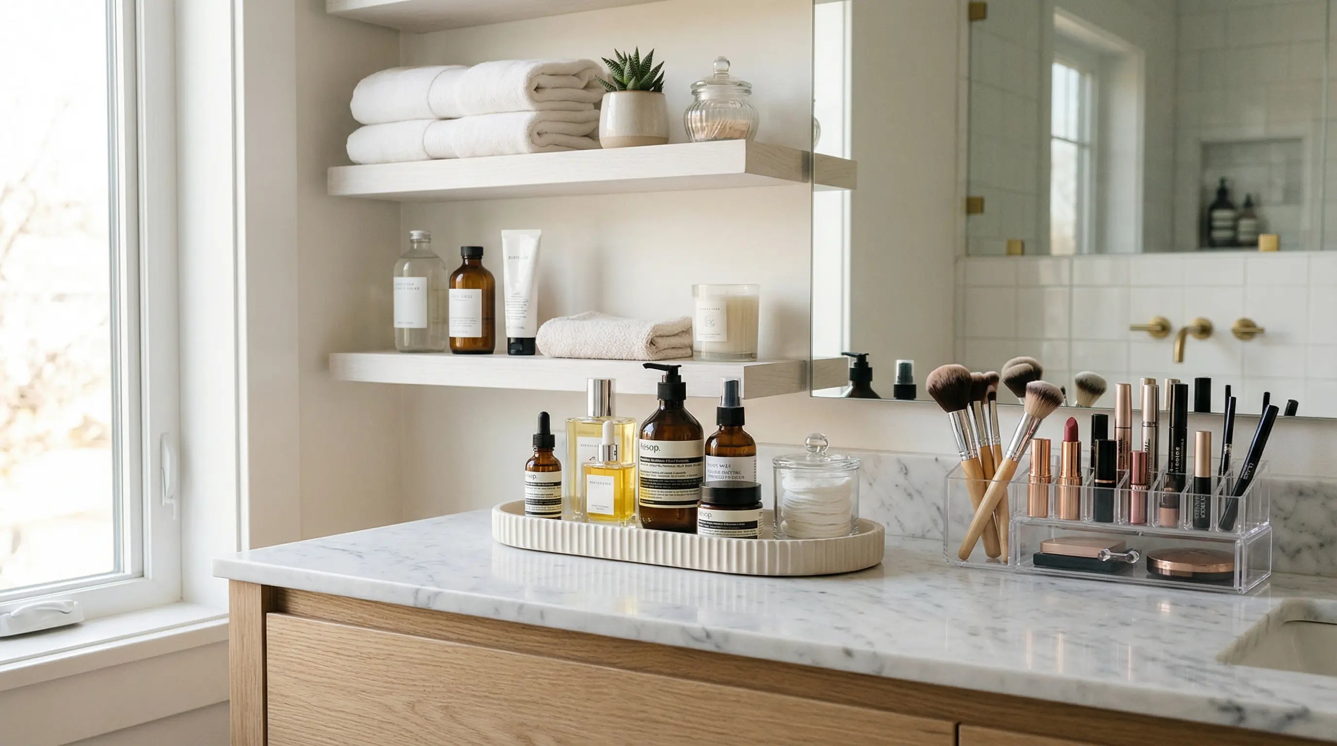 A clean and organized bathroom beauty setup showing structured zones with skincare products on a tray, makeup neatly arranged in clear organizers, and shelves organized by category