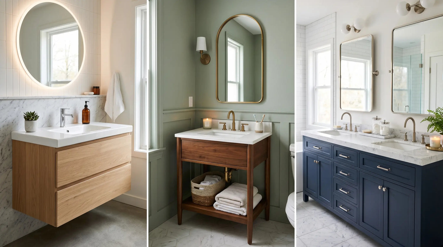A split-view bathroom scene showing different vanity types including floating and freestanding vanities, different sizes and styles, organized layout, clean modern interior, soft lighting
