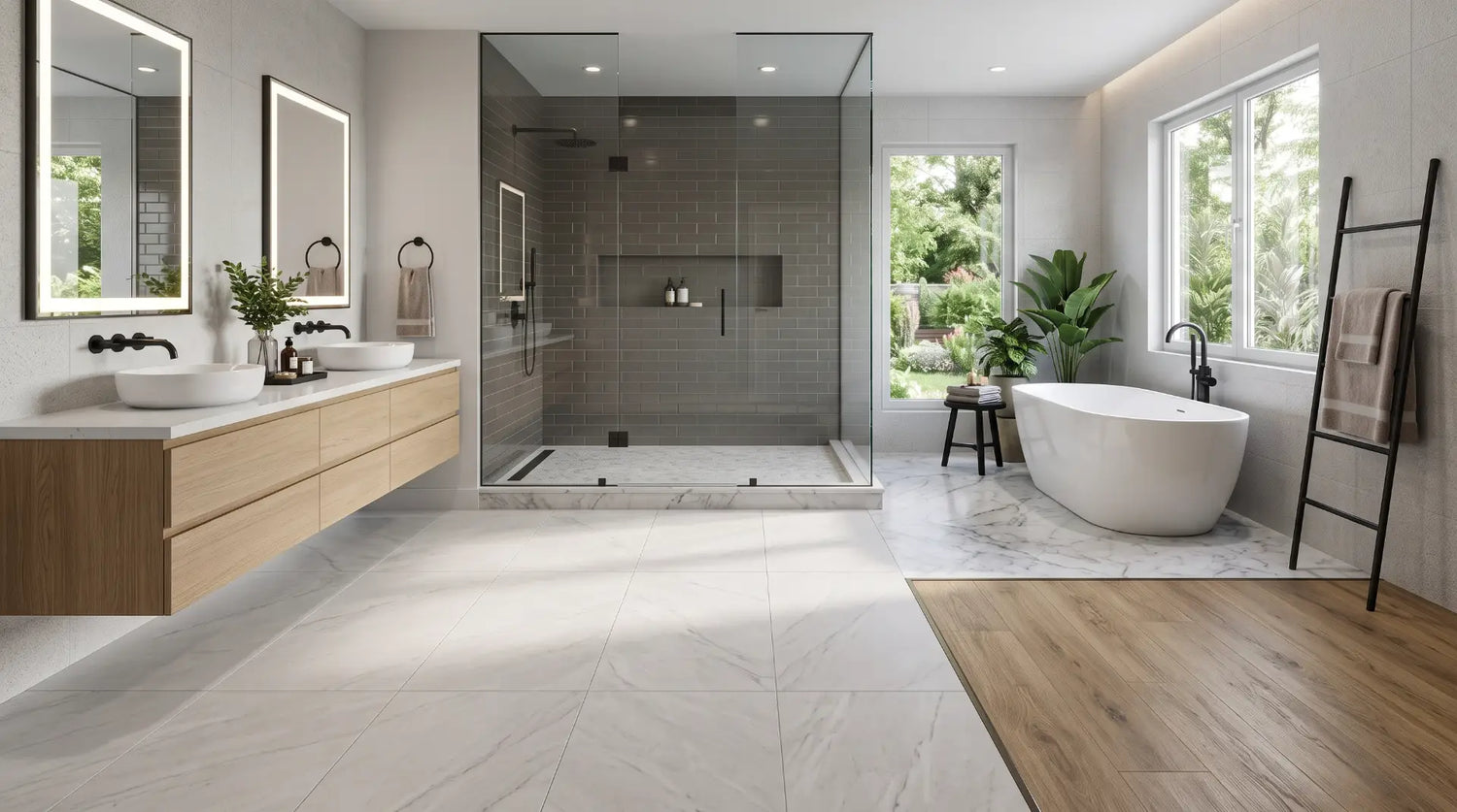 Luxury modern bathroom featuring porcelain, ceramic, marble, and luxury vinyl flooring, illustrating the best bathroom flooring materials for durability, waterproofing, and style in 2026.
