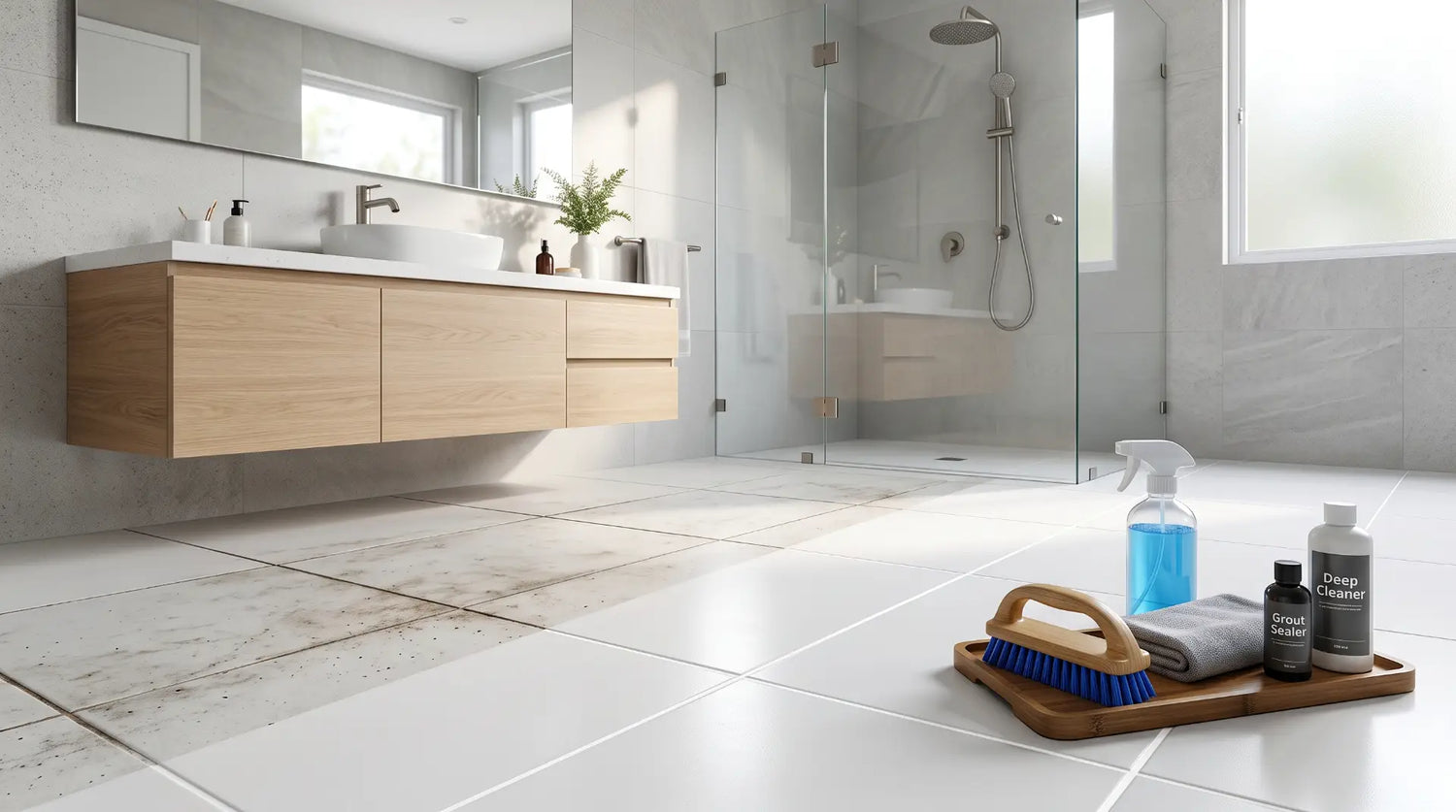 Luxury bathroom floor showing a before-and-after grout cleaning transformation with bright restored grout lines, porcelain tiles, and professional grout cleaning tools.