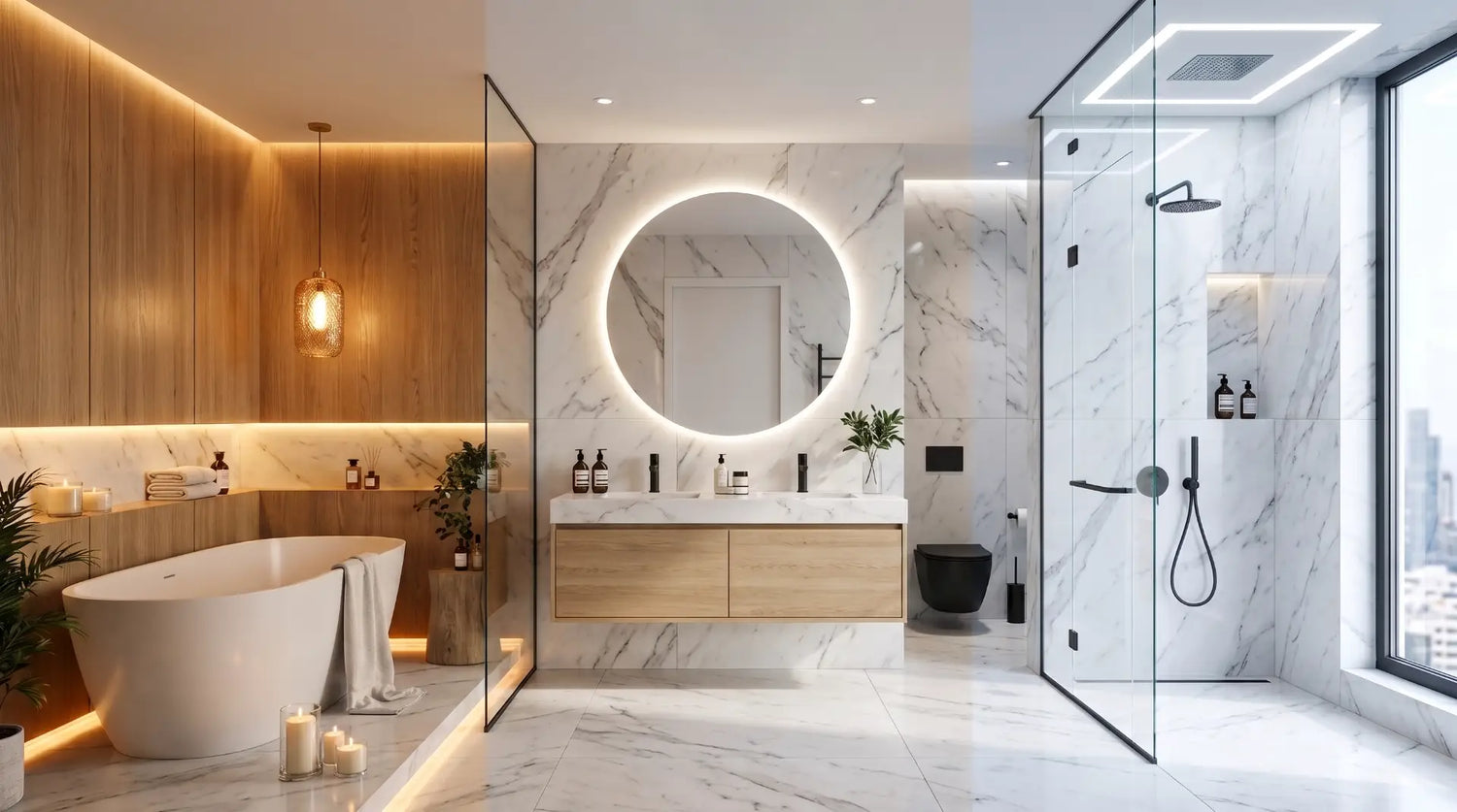 Comparison of 2700K, 4000K, and 6500K bathroom lighting color temperatures in a modern luxury bathroom with LED vanity mirror and ambient lighting.