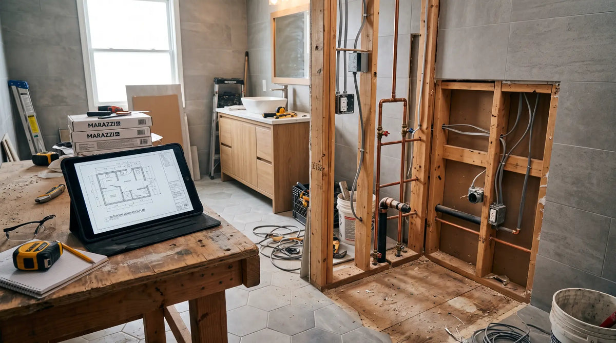 Mid-renovation bathroom showing opened walls, plumbing pipes, and subfloor framing alongside architectural blueprints.