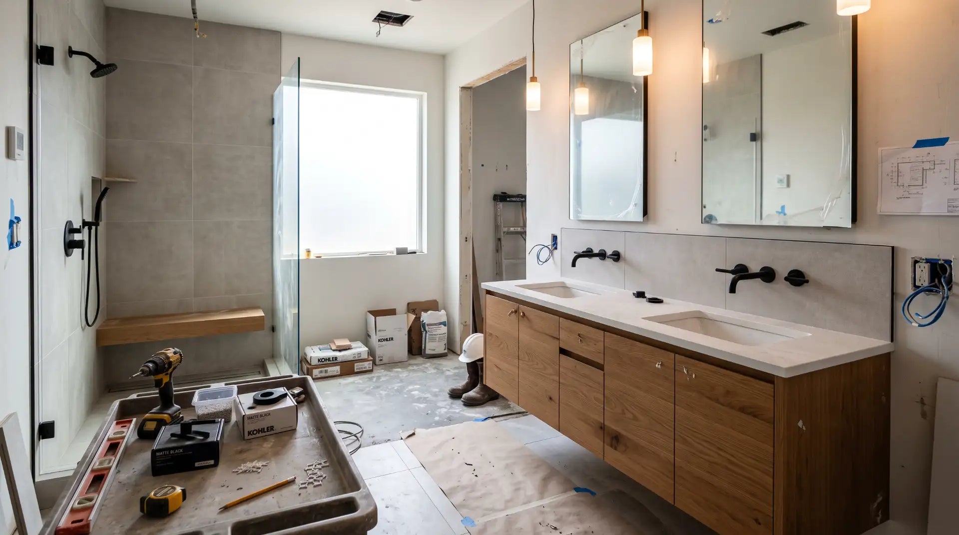 Modern renovated bathroom featuring a sleek double vanity, contemporary fixtures, and neutral wall tiles.