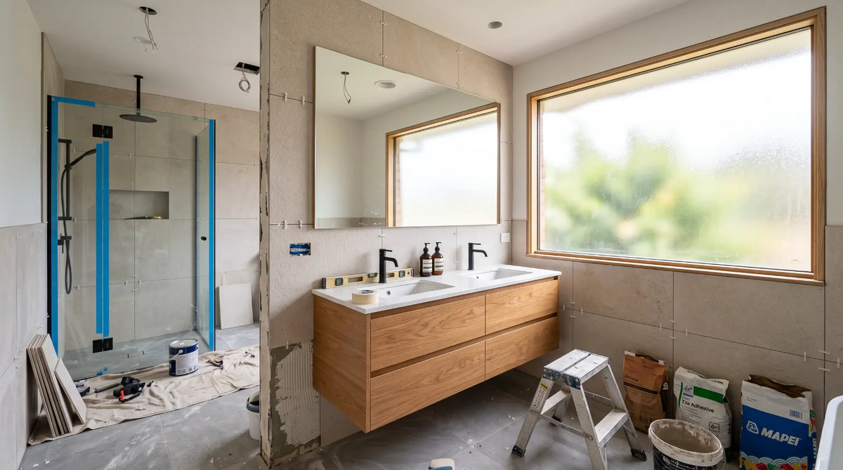 Modern renovated bathroom featuring a sleek double vanity, contemporary fixtures, and neutral wall tiles.