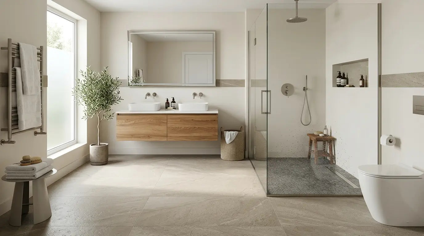 Modern luxury bathroom with matte non-slip porcelain floor tiles and a textured mosaic shower floor, demonstrating a safe and stylish bathroom flooring solution for wet areas.