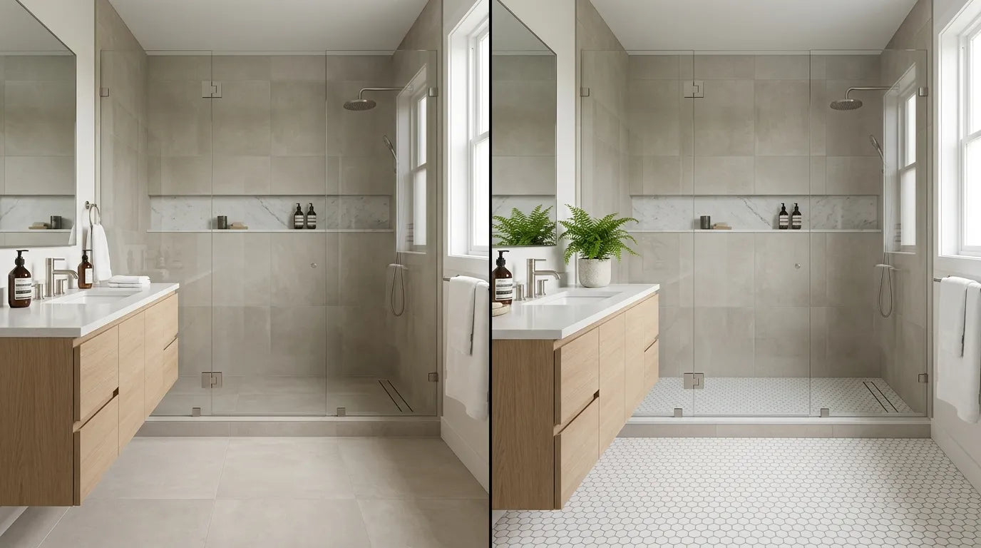 Luxury bathroom comparing large-format porcelain floor tiles with a mosaic shower floor, demonstrating how different tile sizes affect space, style, and functionality.