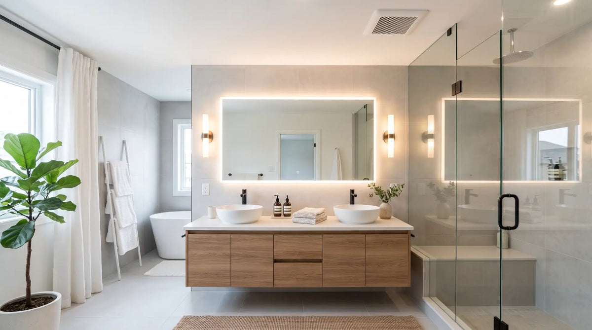 Modern luxury bathroom with a sleek low-profile ceiling exhaust fan, clear anti-fog LED mirror, and warm lighting indicating proper ventilation.