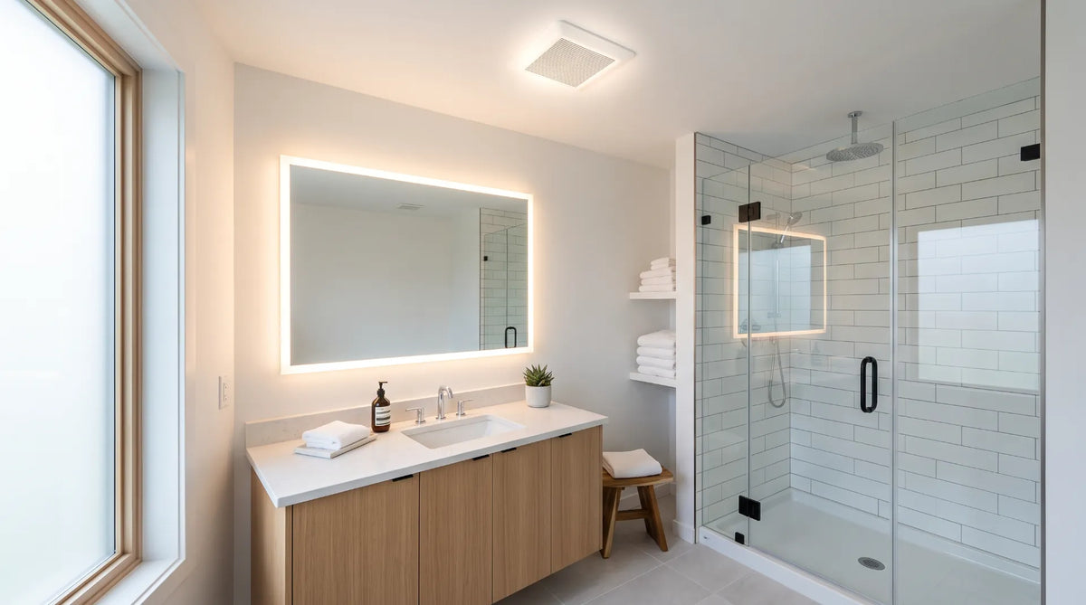 Modern luxury primary bathroom with a sleek low-profile ceiling exhaust fan, clear anti-fog LED mirror, and warm lighting indicating proper ventilation.