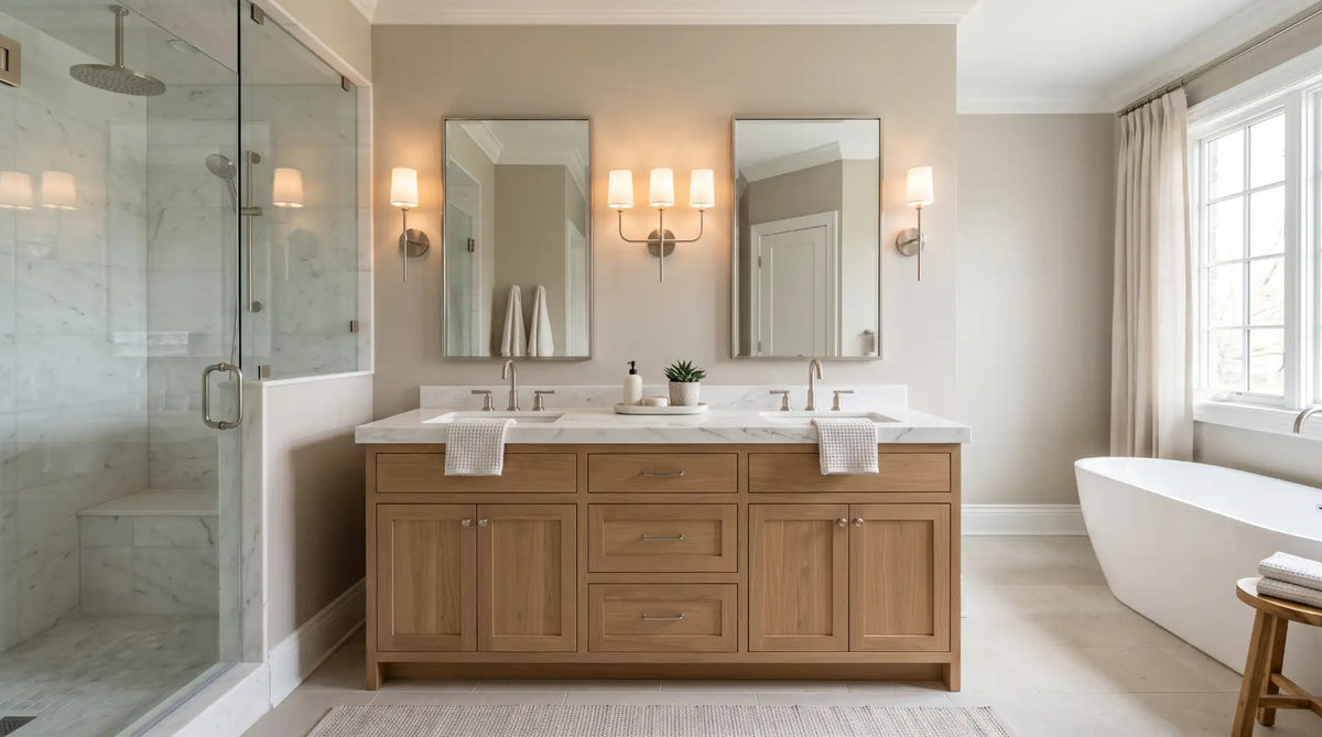 A mid-range renovated primary bathroom featuring a modern double vanity and neutral tones designed to maximize resale value.