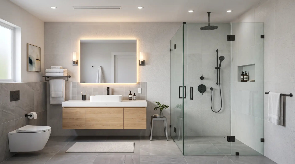 Modern minimalist bathroom with a clean ventilation setup designed to clear steam and prevent humidity buildup.