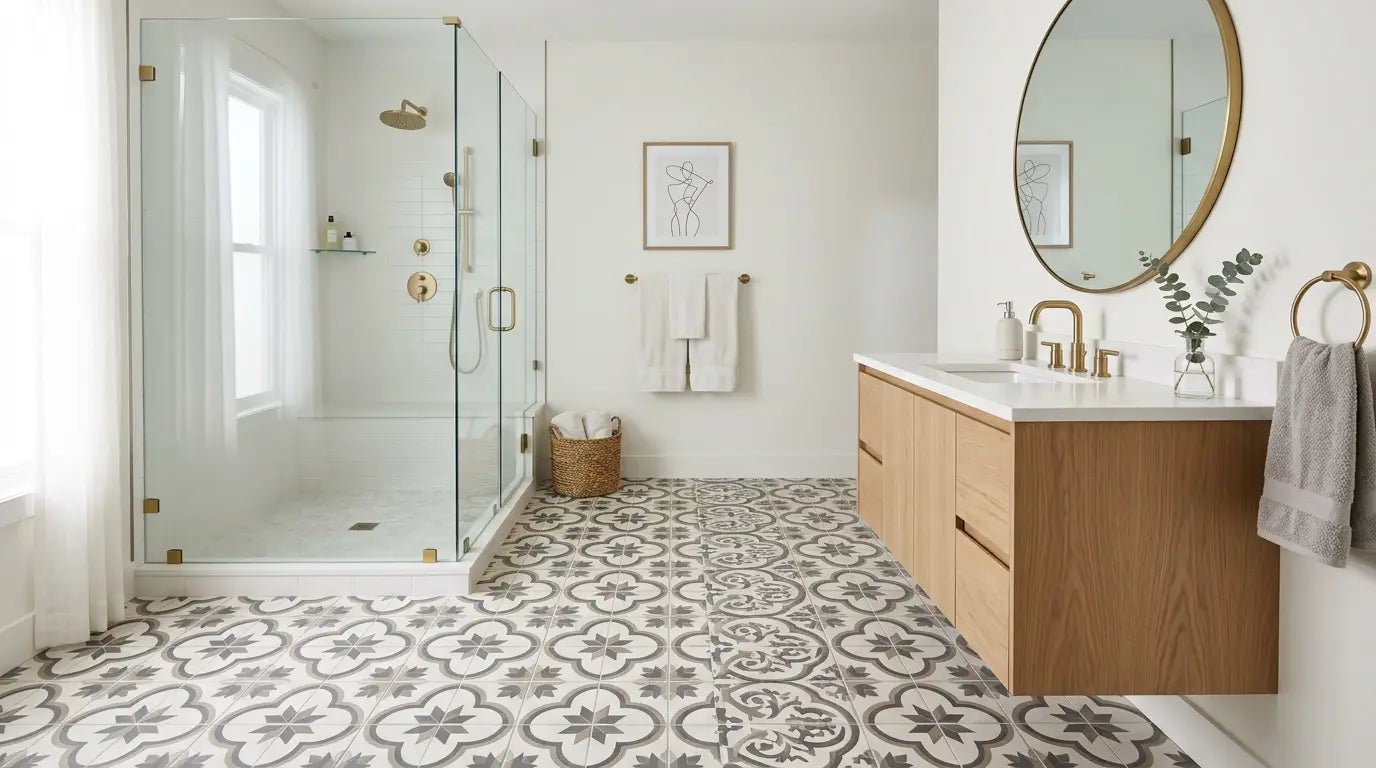 Modern luxury bathroom featuring elegant patterned porcelain floor tiles, floating oak vanity, brass fixtures, and balanced contemporary bathroom design.