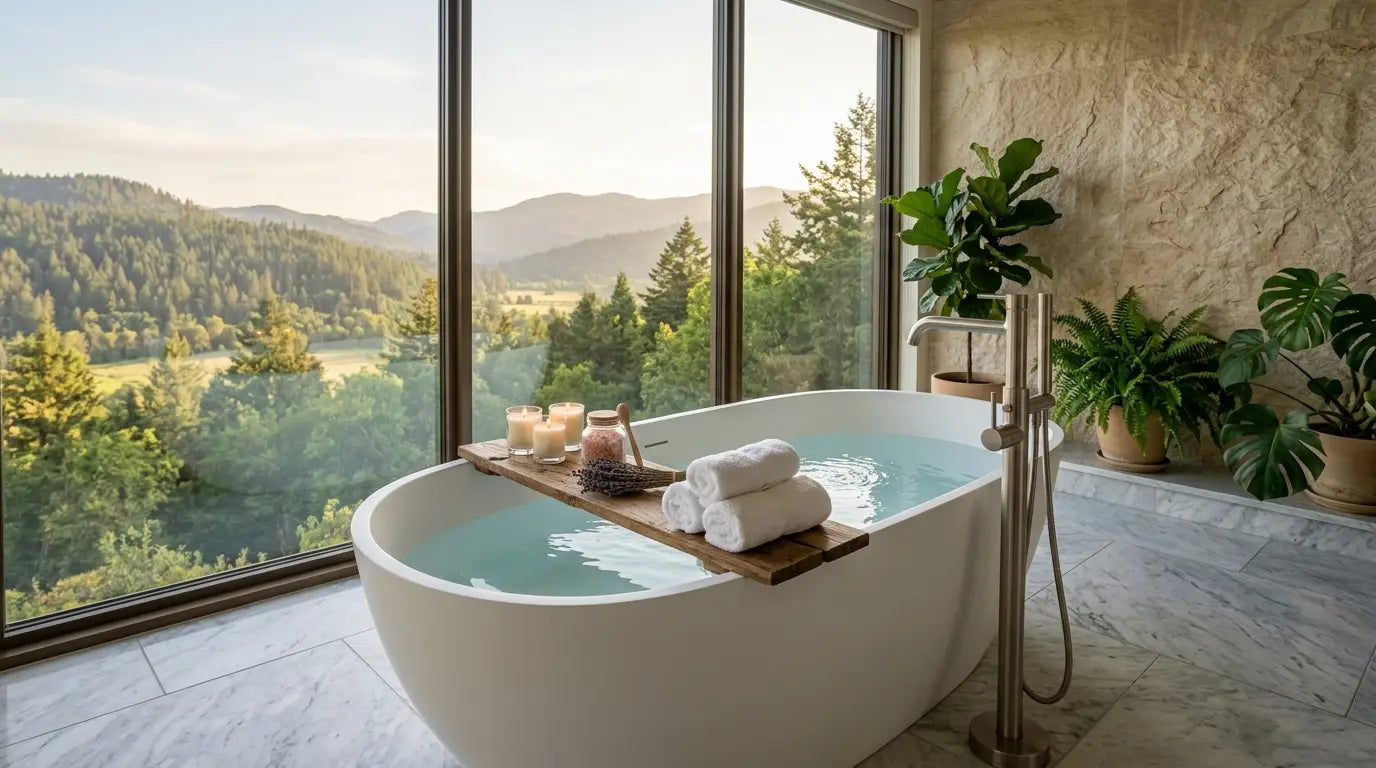 Luxury freestanding deep soaking bathtub in a modern spa-style bathroom designed for full-body relaxation and comfortable soaking.