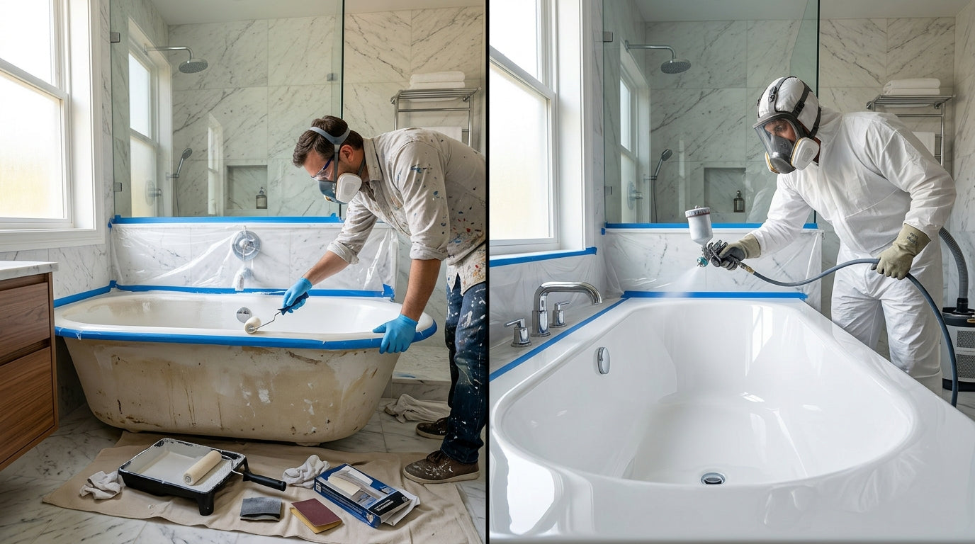 Side-by-side comparison of DIY bathtub refinishing and professional bathtub reglazing, showing the process of restoring an old bathtub to a like-new finish.