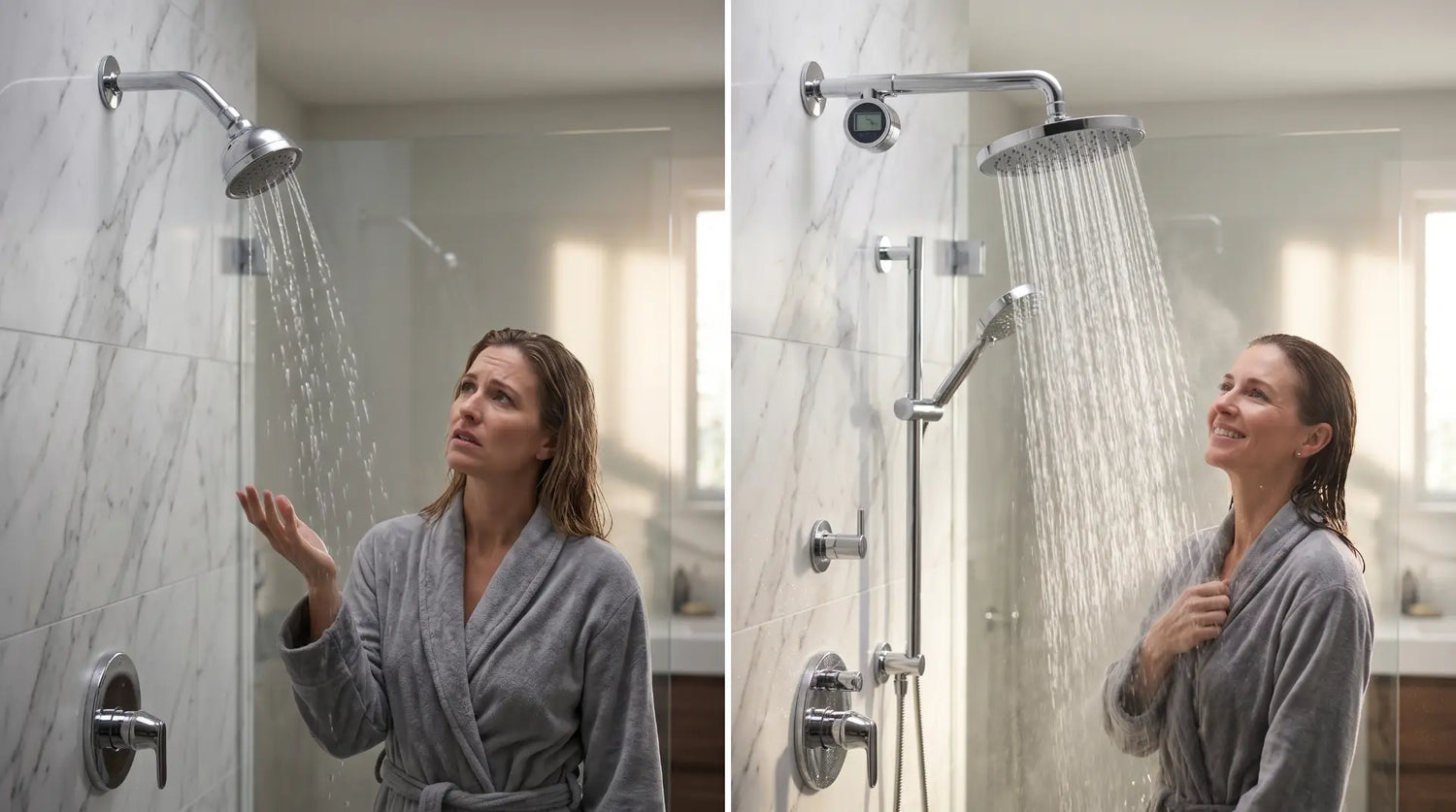 Best shower head for low water pressure delivering a strong water stream in a modern bathroom after solving weak shower pressure issues.