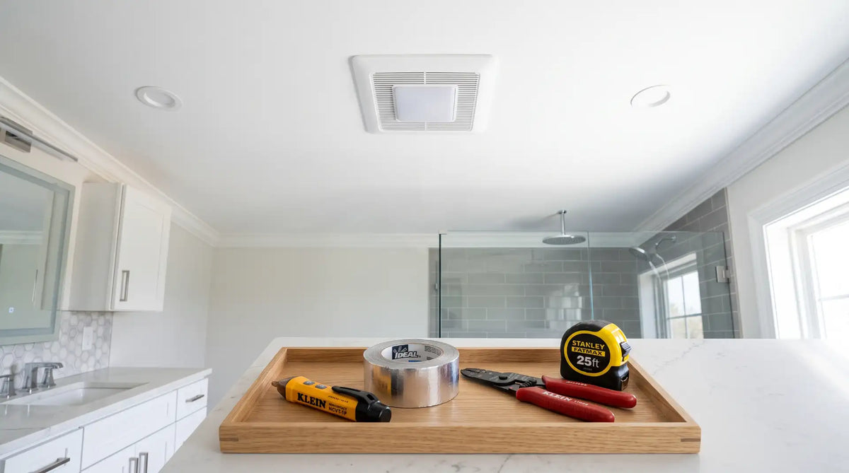 New white bathroom exhaust fan installed in a clean modern ceiling with DIY installation tools laid out nearby.