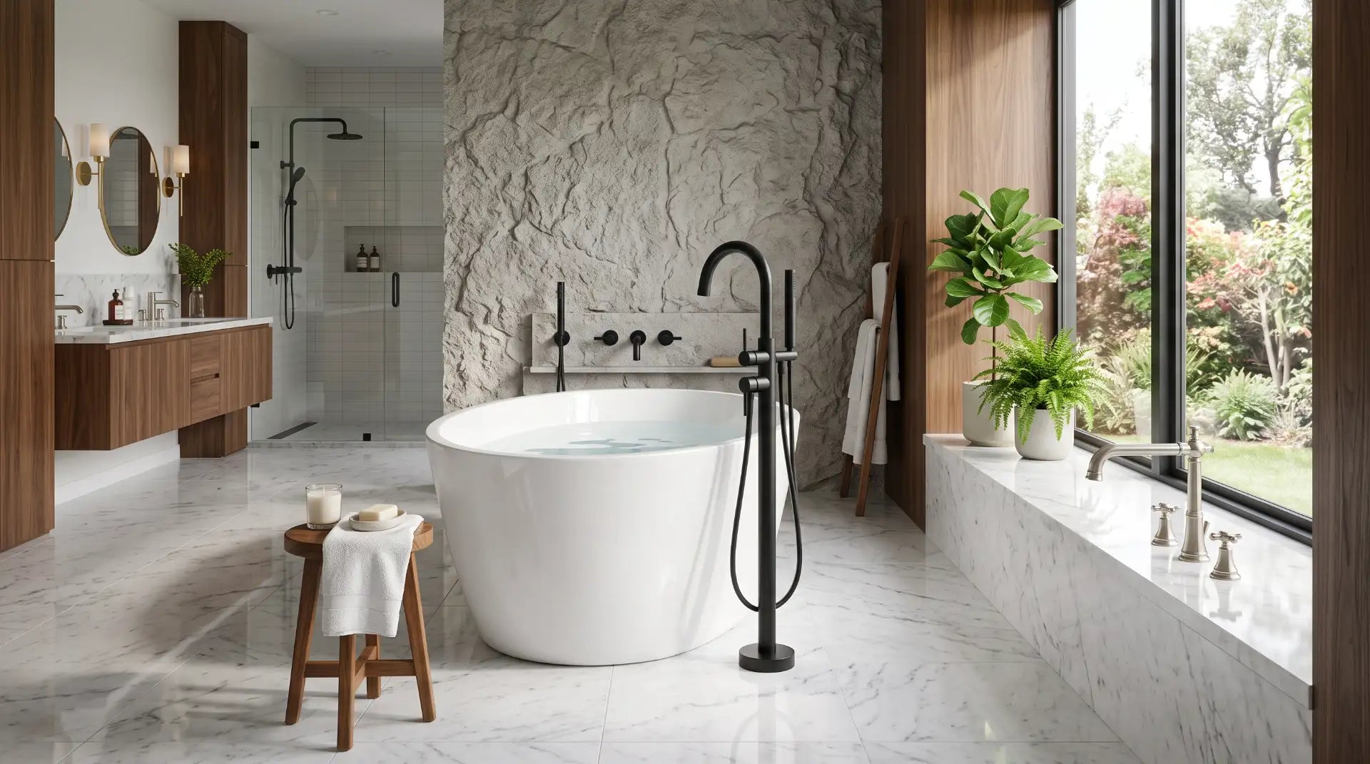 Luxury bathroom with a freestanding bathtub and premium bathtub filler faucets, including floor-mounted, wall-mounted, and deck-mounted styles for a bathtub faucet buying guide.
