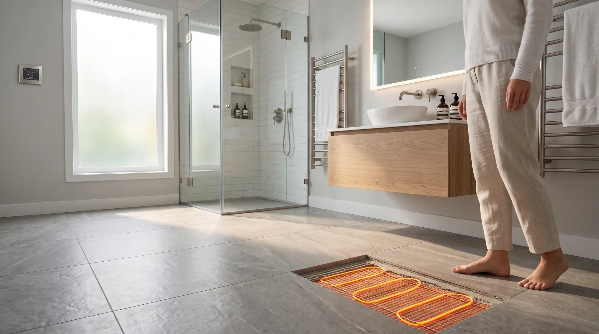 Luxury bathroom with heated porcelain tile flooring and an electric radiant heating system beneath the floor, illustrating the comfort and design benefits of heated bathroom floors.