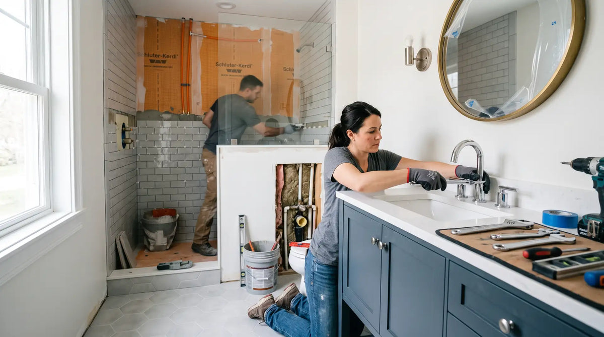 Homeowner installing a modern faucet during a bathroom remodel, balancing DIY fixtures with professional renovation work.