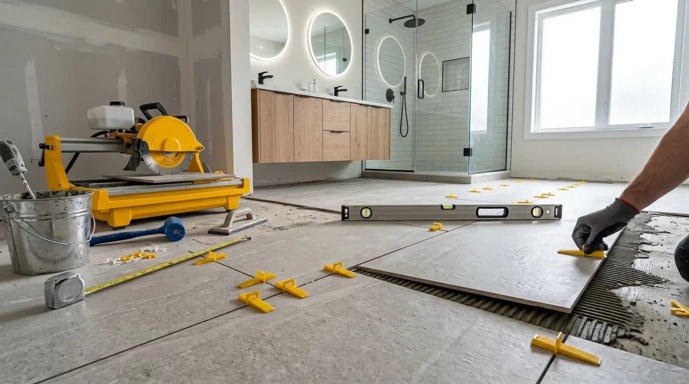Step-by-step installation of large-format porcelain bathroom floor tiles using thinset, tile spacers, and professional tiling tools in a modern bathroom renovation.