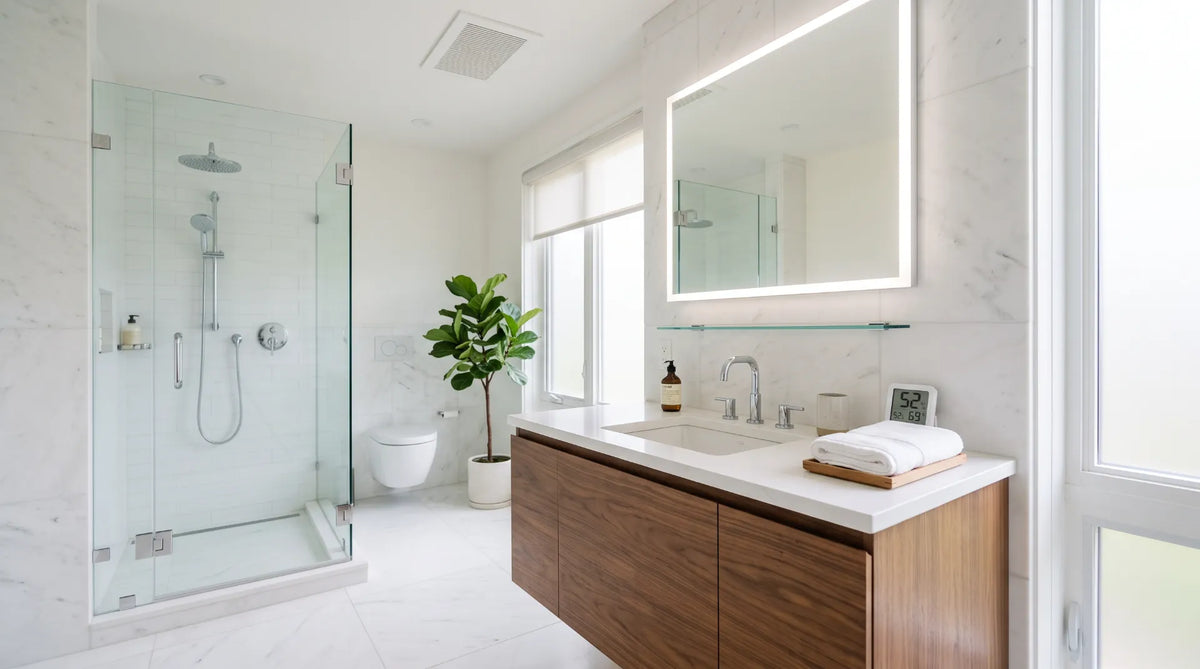 Bright, modern bathroom with glass shower enclosure and pristine white tile, designed for optimal moisture control.