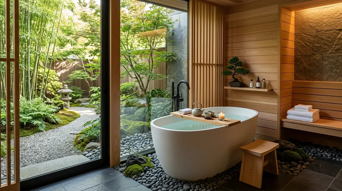 Luxury Japanese soaking tub (ofuro) in a modern Zen-inspired bathroom with natural wood, stone finishes, and a peaceful spa-like atmosphere.