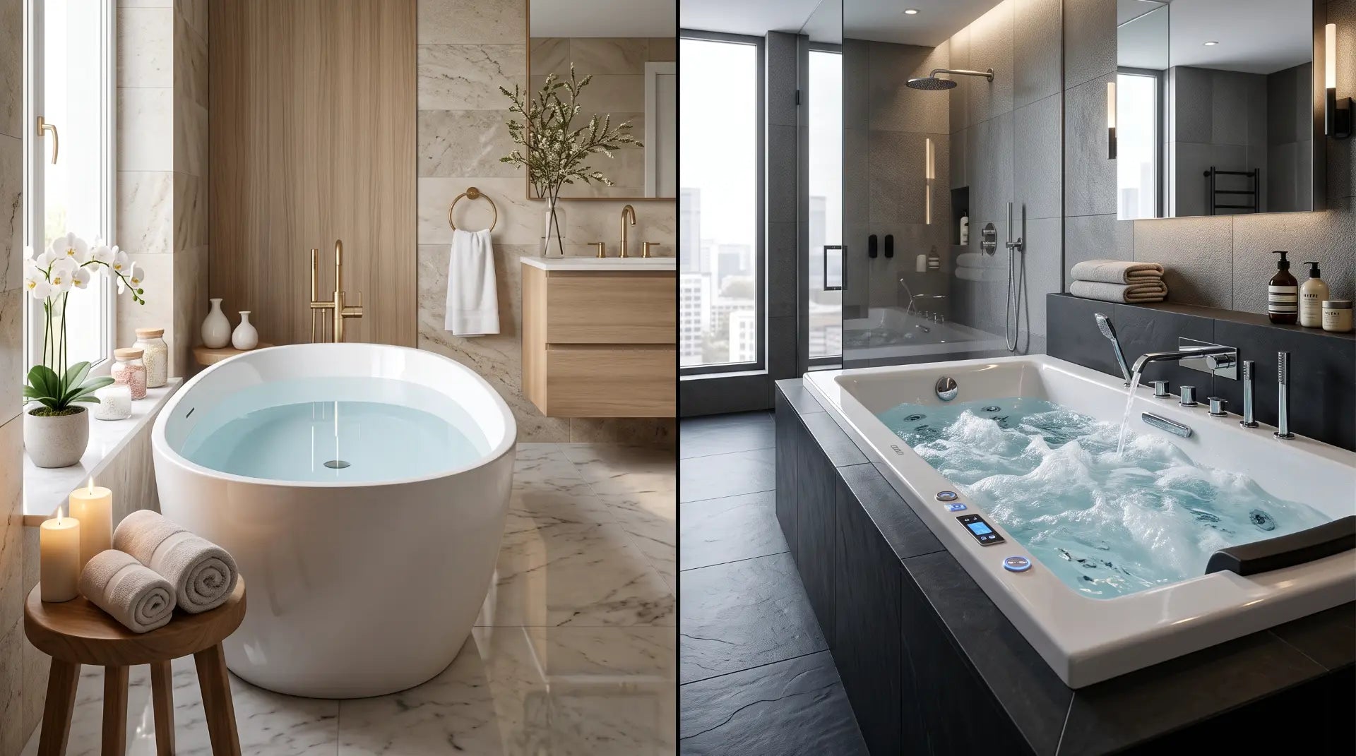 Side-by-side comparison of a modern soaking tub and a luxury jetted whirlpool bathtub, highlighting the differences between quiet soaking and hydrotherapy massage.