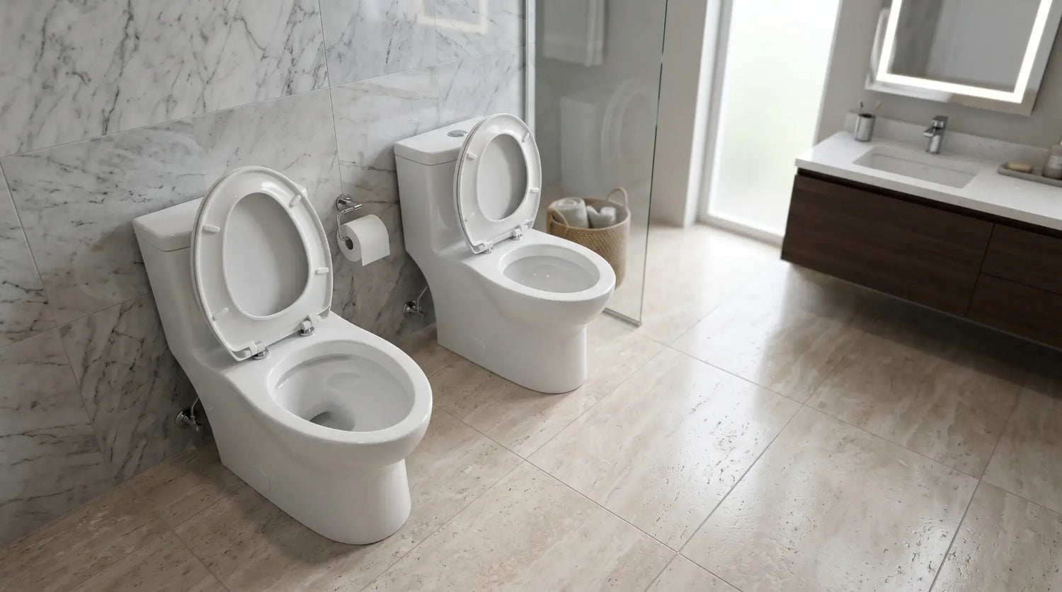 Luxury bathroom interior featuring two modern white toilets side by side for comparison, one elongated bowl and one round bowl,