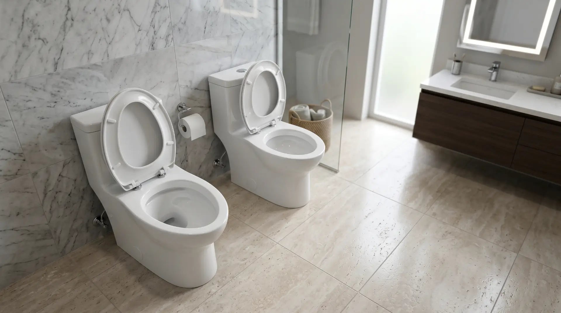 Luxury bathroom interior featuring two modern white toilets side by side for comparison, one elongated bowl and one round bowl,