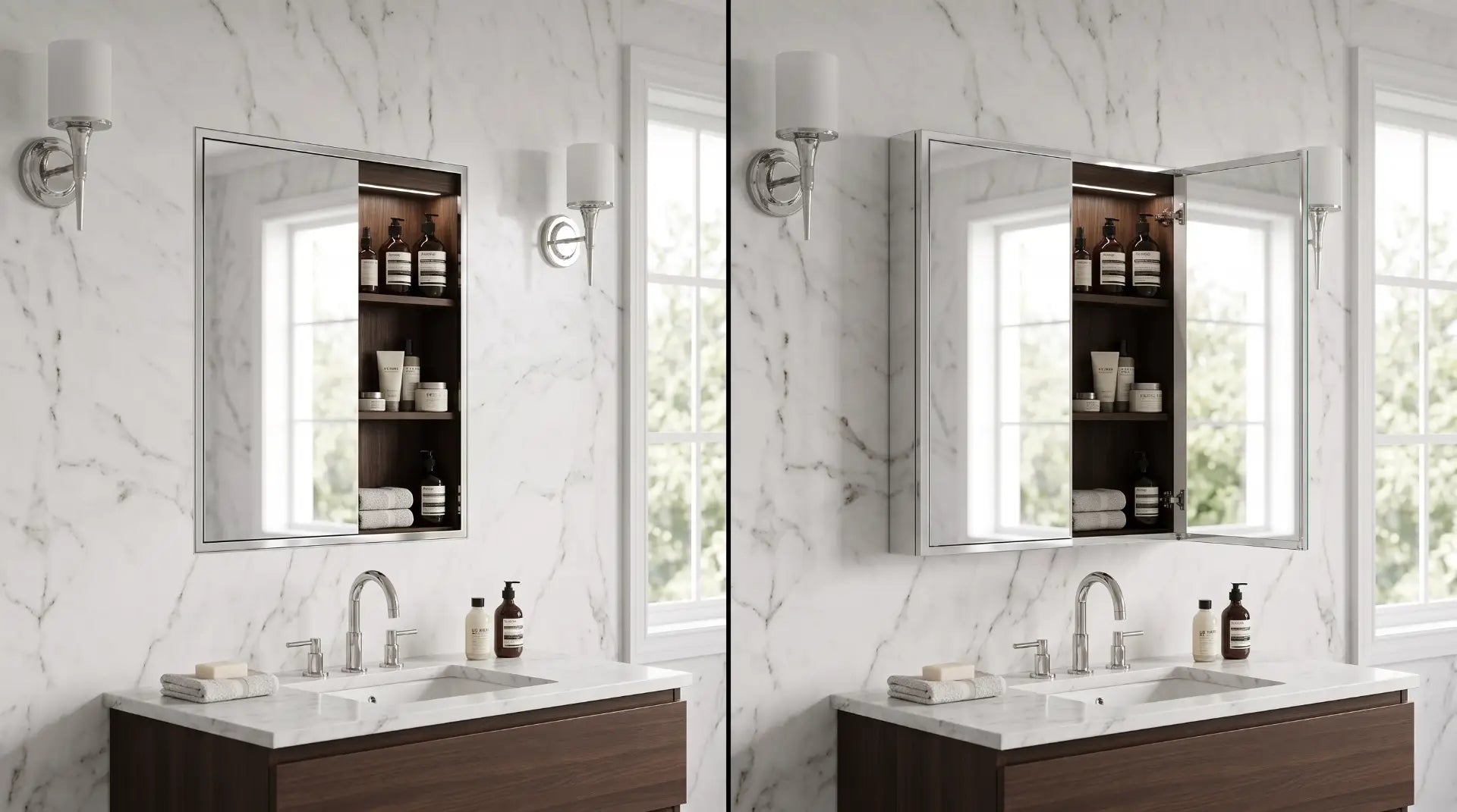 Side-by-side comparison of a recessed and surface-mount medicine cabinet in a modern luxury bathroom, illustrating the difference between flush in-wall installation and wall-mounted projection.
